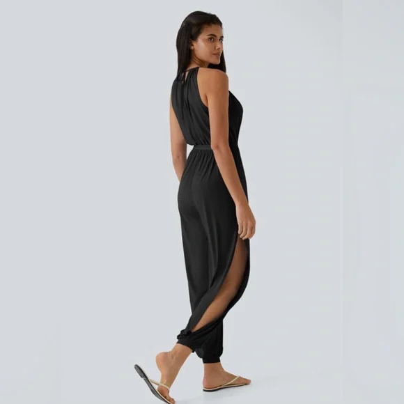 Sleeveless Tie Back Belted Pocket Cut Out Cool Touch Jumpsuit-UPF50+ NWT - Picture 2 of 5